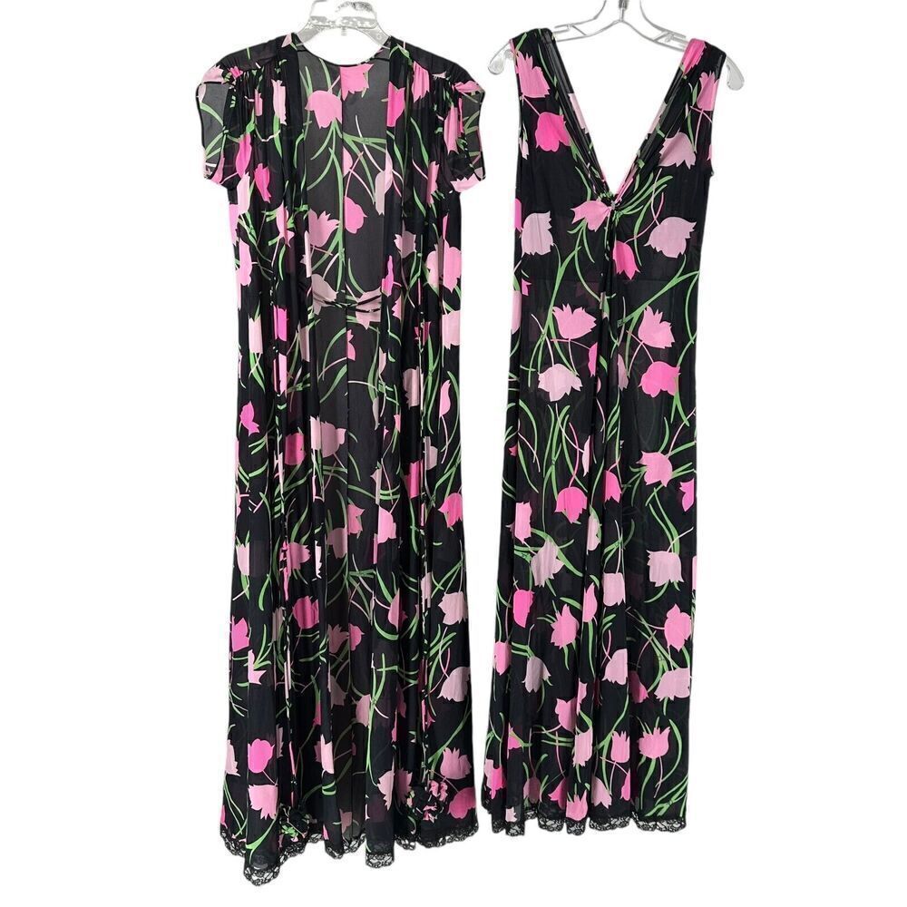 Lucie Ann Claire Sandra Peignoir Set Vintage 1960s Black Pink Floral Pom Pom 32